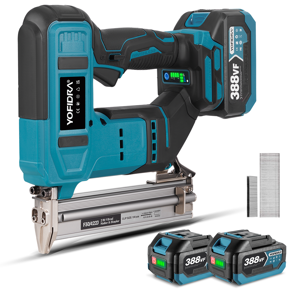 YOFIDRA Brushless 2-in-1 Cordless Nailer (F30/422J) with Nails & Staples Set - Makita 18V Battery Compatible